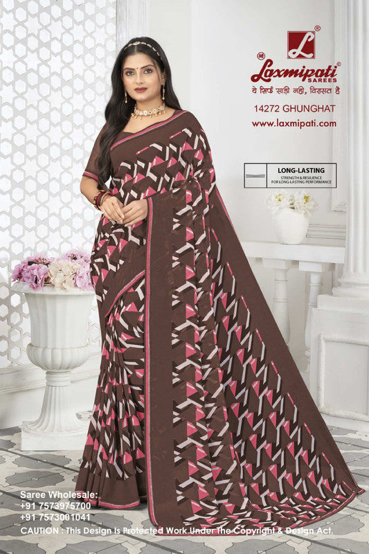 Model showcasing brown Laxmipati saree with printed pattern, from Chitra collection (14272)-B