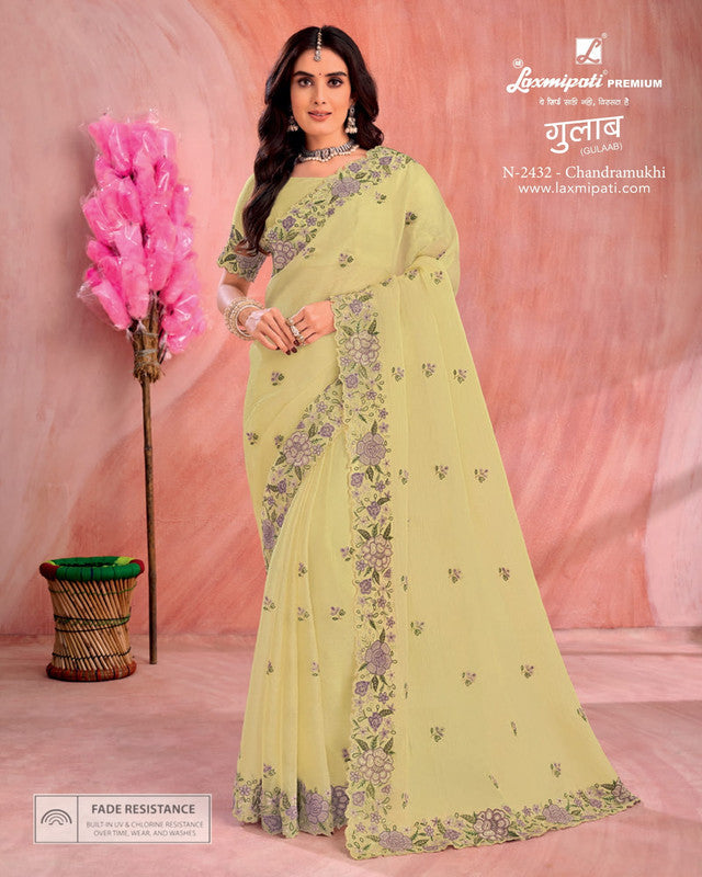 Laxmipati Gulaab Yellow Marble Chiffon Saree (Yellow, N-2432)