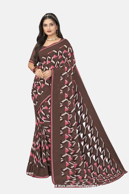 Model showcasing brown Laxmipati saree with printed pattern, from Chitra collection (14272)-A
