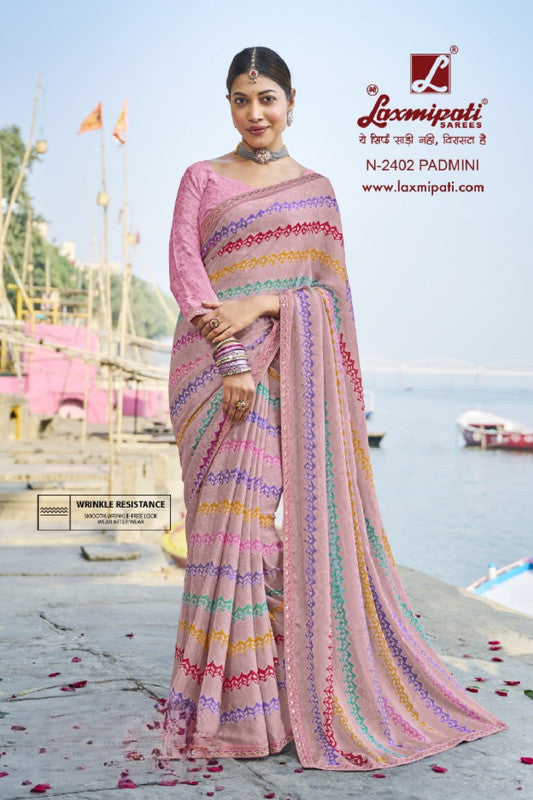 Laxmipati Parampara Pink Sparkle Chiffon Saree (Pink, N-2402)