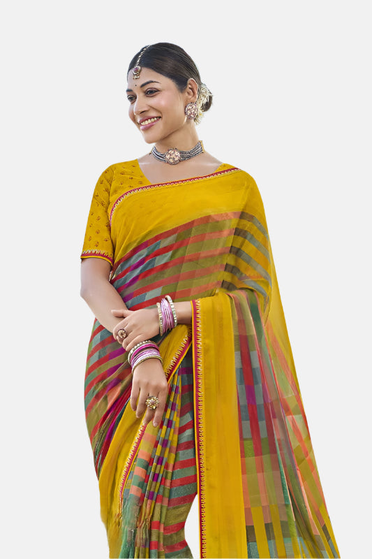 Laxmipati  N-2406 Yellow Sparkle Chiffon Saree 