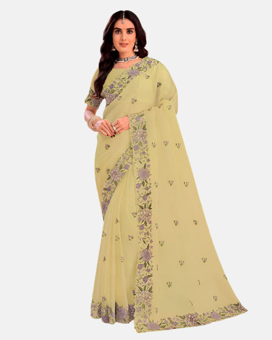 Laxmipati  N-2432 Yellow Marble Chiffon Saree 