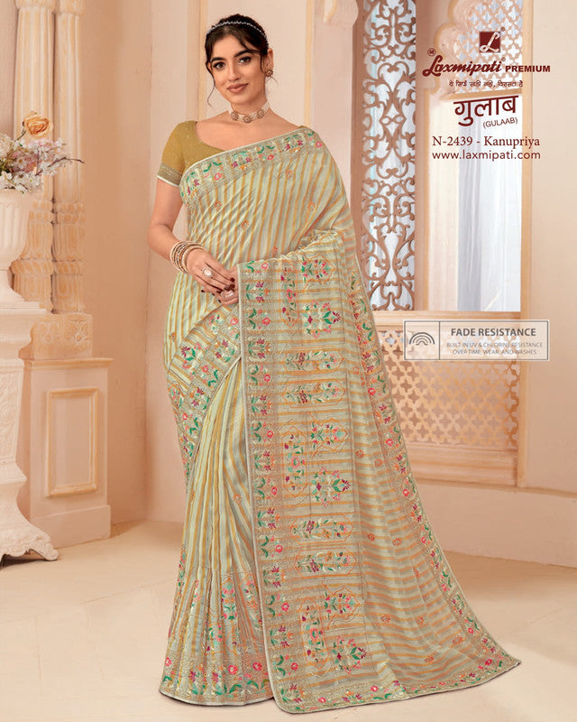 Laxmipati Gulaab Cream Organza Saree (Cream, N-2439)