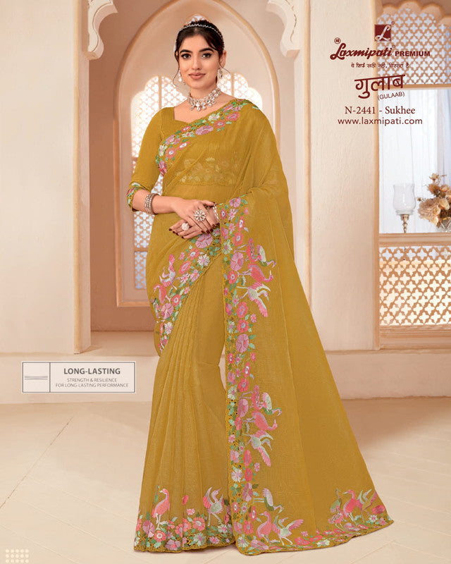 Laxmipati Gulaab Mustard Supernet Saree (Mustard, N-2441)