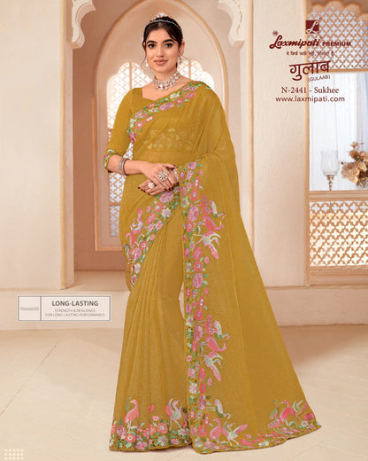 Laxmipati Gulaab Mustard Supernet Saree (Mustard, N-2441)
