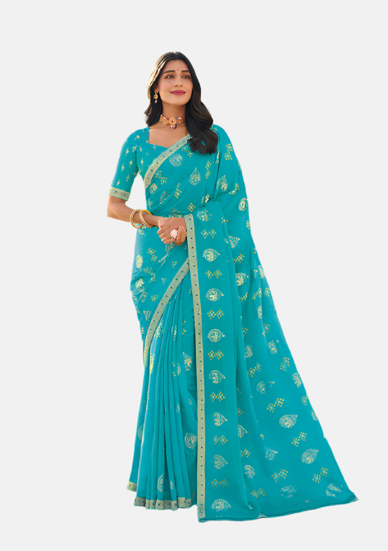 Laxmipati  N-2443 Teal Sparkle Chiffon Saree 