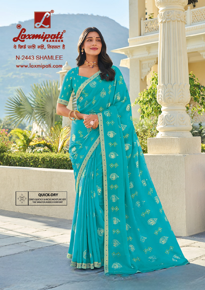 Laxmipati Rang Panchami Teal Sparkle Chiffon Saree (Teal, N-2443)