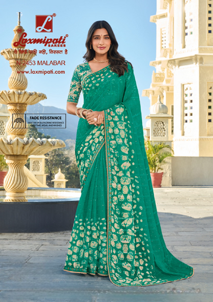 Laxmipati Rang Panchami Teal Green Chiffon Saree (Teal Green, N-2453)