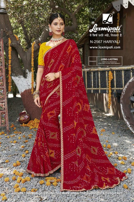 Laxmipati Rajwadi Red Moss Chiffon Saree (Red, N-2567)