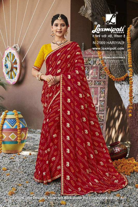 Laxmipati Rajwadi Red Moss Chiffon Saree (Red, N-2569)