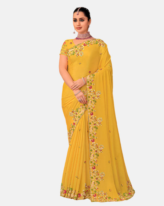 Laxmipati N-2663 Yellow Silk Chiffon Saree 